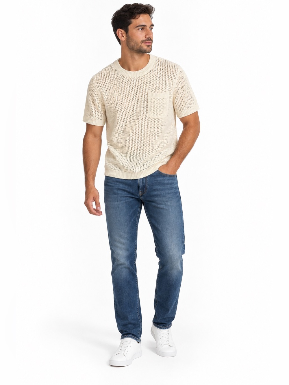 Lucky Brand Men’s Cream Open Knit Short Sleeve Pocket Sweater Shirt M